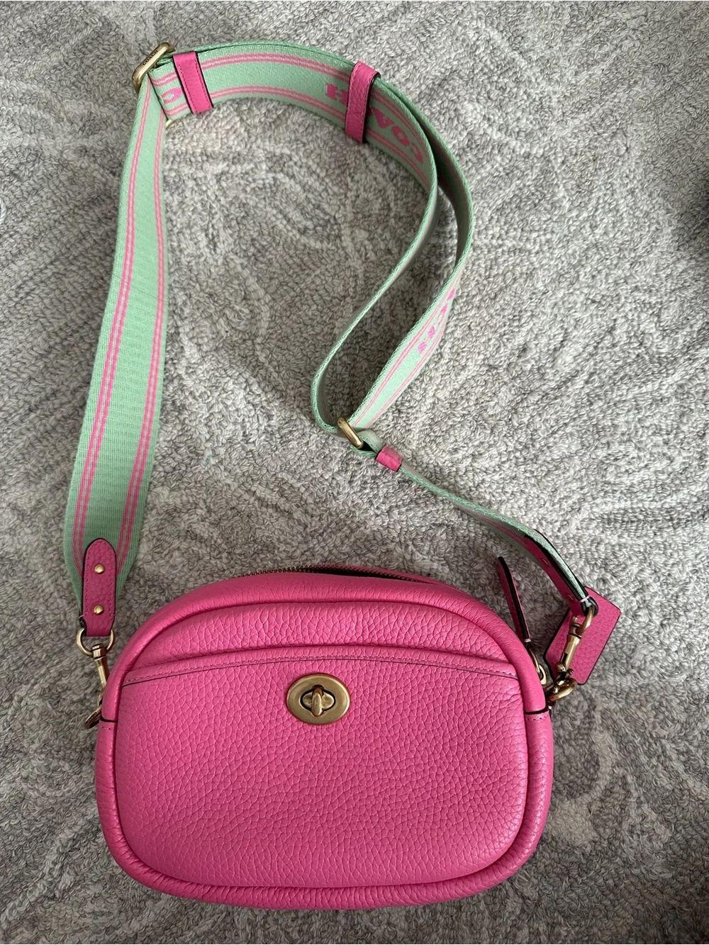 Coach Pink Pebble Leather Turnlock Crossbody with Mint-Trim Strap